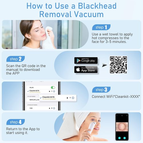Facial Pore Blackhead Remover Vacuum, 1080P Camera Blackhead Remover, 20x Zoom, 8 LEDs ＆ 3 Suction Modes, 800mAh Battery & USB - 6 Heads Pore Cleaner Kit for Women&Men(Blue)