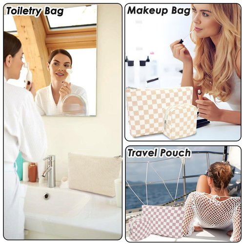 Fammart Checkered Makeup Bag, Travel Cosmetic Bag Organizer Toiletry Bag Make Up Bags with Zipper & Compartments for Women Girls, 2PCS