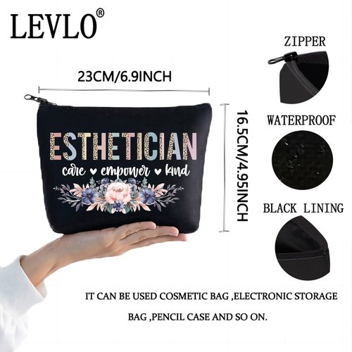 LEVLO Cosmetology Beautician Cosmetic Make Up Bag Dermatologist Gift Esthetician Care Empower Kind Makeup Zipper Pouch Bag For Esthetician Graduate (Esthetician Black)