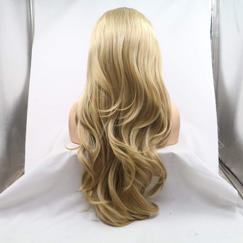 Xiweiya Long Blonde Synthetic Lace Front Wig - Wavy Side Part With Brown Root - Hair Replacement for Women, Drag Queen Makeup (24 Inch)