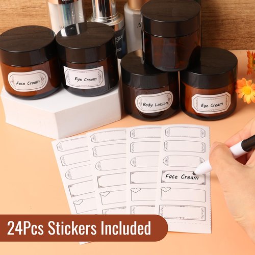 2 oz Amber Glass Jars with Lids 24Pack, Small Jars with Inner Liners for Sample, Powder, Cream, Lotion and Ointments with Stickers & Spatulas Included