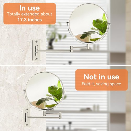 AumVum 8" Extendable Bathroom Mirror Wall Mount with 1X/10X Magnification, 360° Swivel Double Sided Vanity & Shaving Mirror, Nickel Finish (No Light)