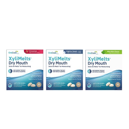 Oracoat XyliMelts Dry Mouth Relief Bundle Slightly Sweet 40 Count, Mild Mint 40 Count and Cinnamon 40 Count