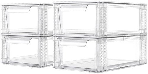 Zero Zoo 4 Pack Clear Stackable Storage Drawers, 3.95" H Easily Assemble Acrylic Organizer Bins - Multi-Use for Make up, Closet, Pantry, Bathroom, Medicine, Kitchen Cabinet & Undersink Organization