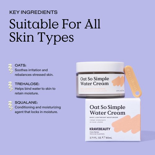 KraveBeauty Oat So Simple Water Cream – Korean-Inspired Daily Moisturizer, Hydrating & Soothing, Oat & Squalane, Vegan & Cruelty-Free, 2.7 fl oz