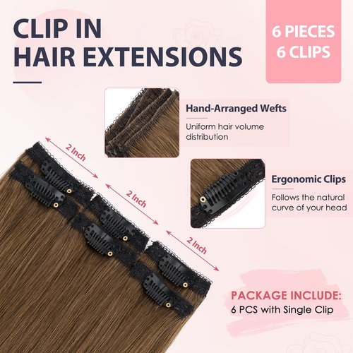 TESS Clip in Hair Extensions Human Hair with Single Clip Lace Weft Straight Highlight Add Volume 6 Pcs 6 Clips, 16 Inch, Chocolate Brown