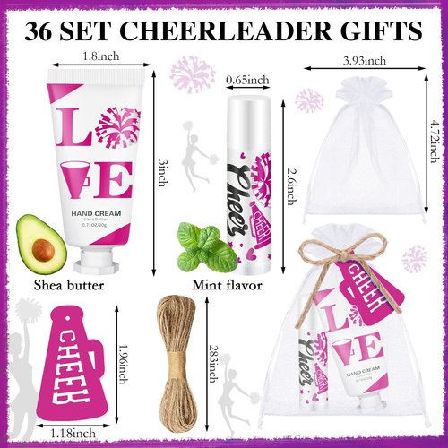 Heigble 144 Pcs Cheerleading Lip Balms Hand Cream Sets Pink Cheerleading Party Supplies Including 36 Lip Balm and Moisturizing Hand Cream 36 Organza Bags Cards and Ropes for Team Thank You Gifts