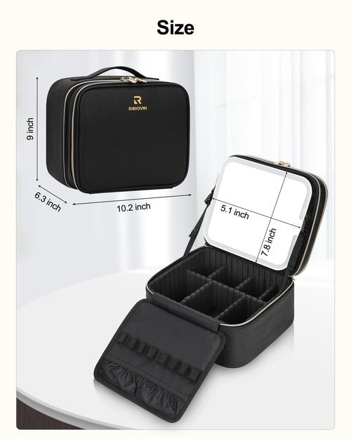 TANTO Travel Makeup Bag with LED Mirror Double Layer Makeup Case with Lighted Mirror Dual Layer Cosmetic Train Case Portable Artist Organizer Bag with Dividers and Rechargeable Vanity (Black, Small)