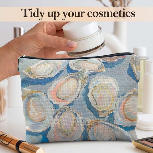 Likjad Oyster Shell Beach Makeup Bag, Coastal Beachy Cosmetic Bags for Women, Sea Oyster Ocean Makeup Pouch, Ocean Themed Gifts, Blue Pastel Beach Zipper Pouch