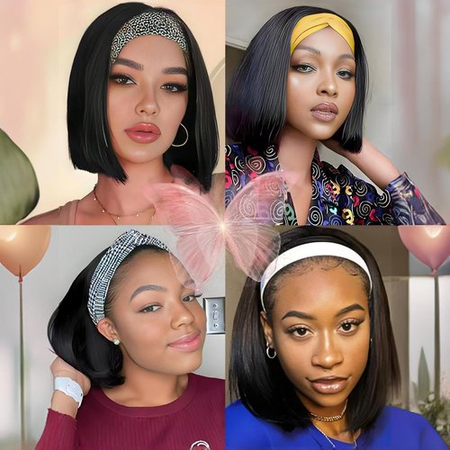 Comfair Headband Wig Human Hair Bob Short Straight Human Hair Headband Wig Wear And Go Glueless Wigs 180% Density None Lace Natural Color Bob Short Human Hair Wigs for Black Women