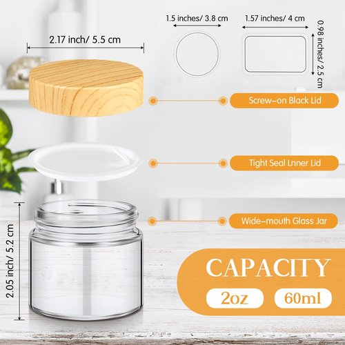 Layhit 24 Pcs 2oz Glass Jars with Lids Clear Small Jars with Plastic Woodgrain Lids, White Labels and Inner Liners Empty Round Cosmetic Containers for Creams Lotions Candle Making (2oz/ 60ml)