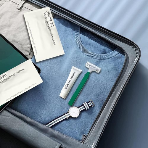50 Pack Shave kit in Bulk 3 Blades Shave Disposable Razor with Protective Cap 12g Cream Individually Wrapped Paper Box for Hotel,Airbnb, Homeless,Shelter Camping Travel On The Go
