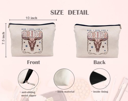 Lacosu Retro Western Bachelorette Party Nashville Bride Pink Bull Head Skull Makeup Bag,Men I Feel Like a Bride Cosmetic Makeup Bag for Teen Girls Women,Bachelorette Party Gifts Makeup Bag