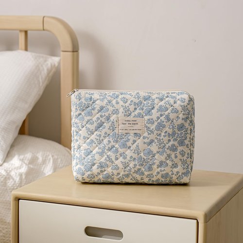 uekeboag Quilted Cotton Makeup Bag,Coquette Quilted Toiletry Bag for Women and Girls,Floral Coquette Pouch,Cute Kawaii Travel Cosmetic Bags(05Light Blue Flower)