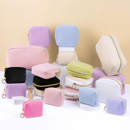 Playexen Mini Makeup Bag, Corduroy Small Cosmetic Bag for Purse with Ring Buckle, Portable Travel Makeup Pouch for Lipsticks, Chapsticks, Coin, Earphone, Credit Card (Black)