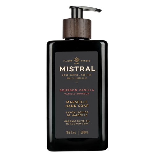 Mistral Bourbon Vanilla Liquid Hand Soap for Men | Luxury Moisturizing Handsoap with Organic Olive Oil, Glycerin and Coconut Oil | Rich Lather | Paraben-Free | Made in France – 16.9 Fl Oz