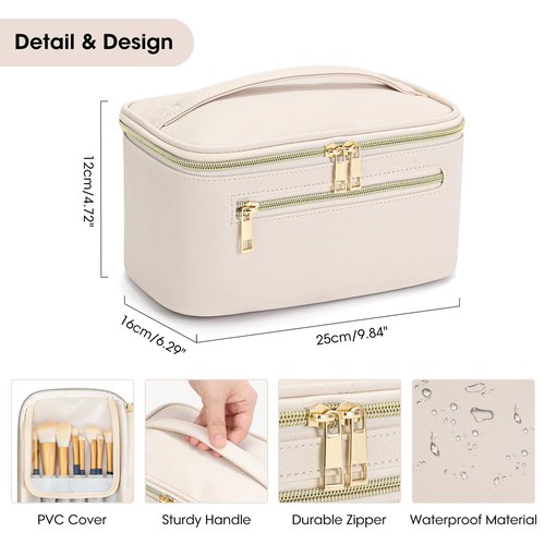 Travel Makeup Bag Organizer, Large Capacity Cosmetic Pouch for Women, Waterproof Make Up Bag with Divider, Clamshell Makeup Case Make Up Bag with Handle and Metal Zipper, Travel Essentials White