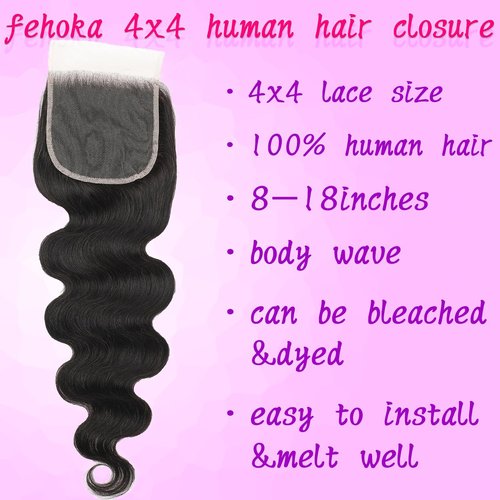 FEHOKA 4x4 Human Hair Lace Closure 16 Inch Body Wave 4x4 Human Hair Closure Can be Curly and Dyed Middle Part 100% Human Hair Closure With Baby Hair (16 Inch, 4x4 Black)