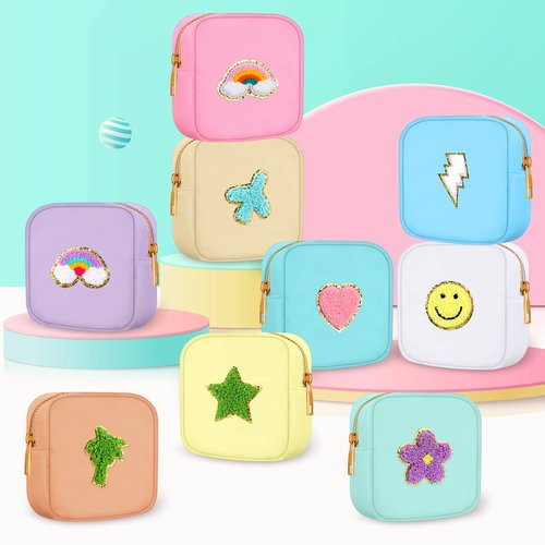 Sumind 9 Pieces Nylon Mini Preppy Makeup Bag Chenille Letter Cosmetic Bag Travel Small Makeup Pouch Bag Toiletry Bag with Zipper for Women 9 Colors