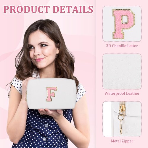 Etercycle Small Personalized Initial Letter Makeup Bag for Women, Cute Waterproof PU Leather Cosmetic Bag Travel Makeup Bag, Makeup Pouch Toiletry Pouch Organizer with Zipper (A, White)