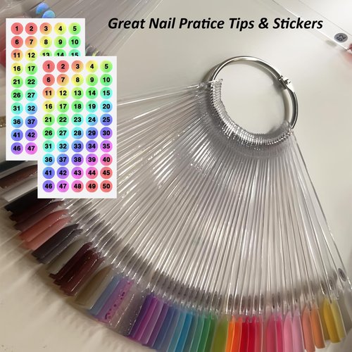 Fan-Shaped Nail Swatch Sticks with Number Stickers, Nail Practice Sticks, Color Display Wheel, Sample Tips (Transparent-50pcs)