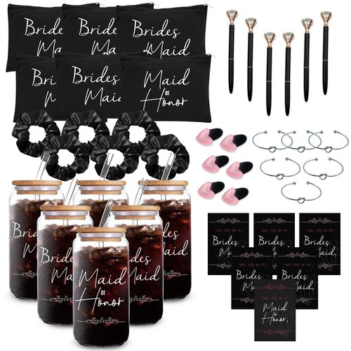 42 pcs Bridesmaid gifts bridesmaid proposal gifts, Maid of Honor Gifts contain 16oz Glass Cups Cosmetic Makeup Bags Invited Cards Scrunchies Hair Knotted Bracelets Diamond Pens love clip (Black )