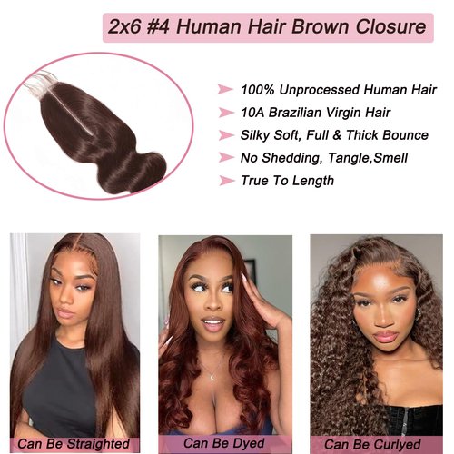 Brown 2x6 Closure Body Wave #4 Chocolate Brown Virgin Human Hair Middle Part 150% Density Hd Transparent Brazilian Kim K Lace Closure With Baby Hair 14 Inch