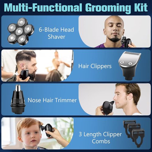 Electric Head Shavers for Bald Men, Upgraded 6-in-1 Waterproof Wet/Dry Grooming Kit Electric Shaver for Men, Cordless Rechargeable Bald Head Razor for Home&Travel