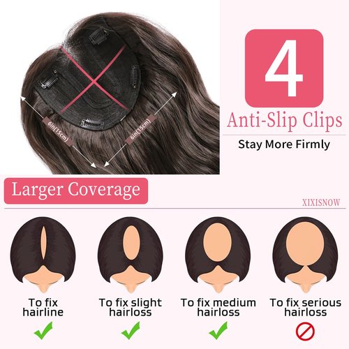 XIXISNOW Hair Topper 24 Inch Long Wavy Toppers Hair Pieces for Women Thinning Hairs Lace Hand-Tied Hairline Synthetic Heat Resistant Clip in Hairpieces 6"x6"Large Base for Daily Use Dark Brown