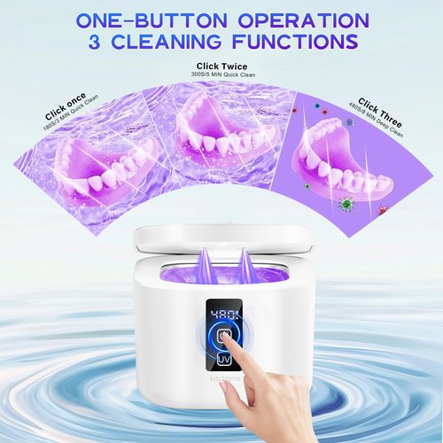 KITCHLYNE 48kHz Ultrasonic Cleaner with Digital Timer - 3 Settings for Dentures, Retainers, Aligners, Mouth Guards, Jewelry, 375ml Tank, 99% Efficiency