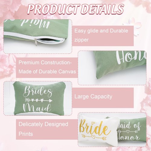 Whaline 8Pcs Bridesmaids Makeup Bags Wedding Bridal Cosmetic Canvas Organizer Bag Sage Green Maid of Honor Zipper Cosmetic Pouch for Women Wedding Bridal Shower Party Favor Supplies