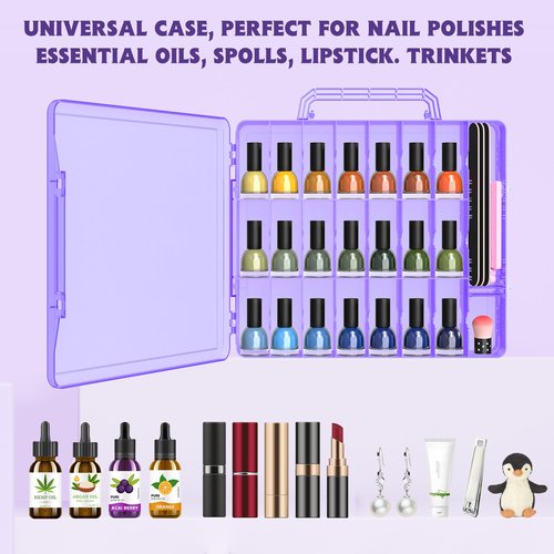 SUBAY 2 Pcs Portable Nail Polish Organizer, Clear Double Side Nail Polish Holder,Gel Nail Storage for 48 Bottles with 6 Adjustable Dividers in Each Side Space Saver Purple