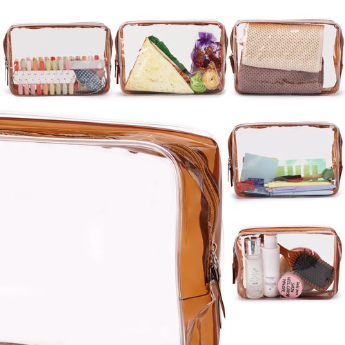 Tbestmax 4 Packs Cosmetic Bags Clear Makeup Bags Portable Travel Toiletry Bags Waterproof Cosmetic Organizer Brown(2M + 2L)