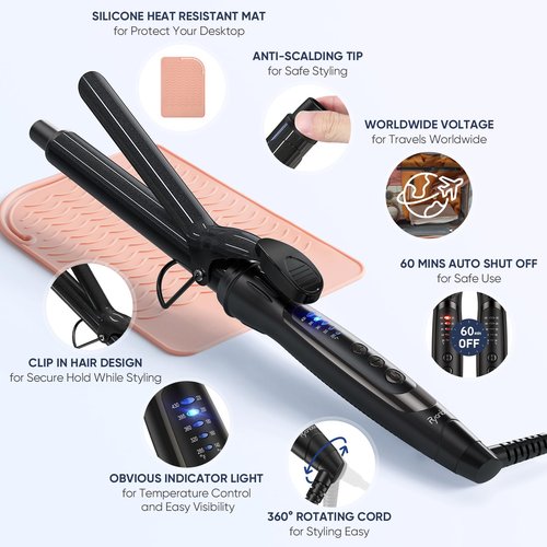 Ryanboo 1 Inch Curling Iron, 5 Temperature Settings, Professional Spring Hair Iron for All Hair Types, Max 430℉ with Heat Resistant Mat (1 Inch Black)