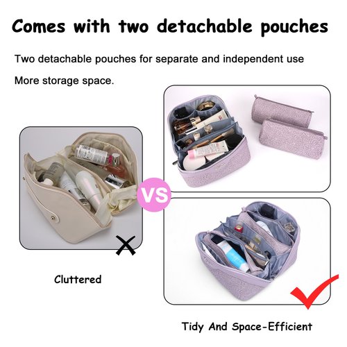 BOYATU Travel Makeup Bags Cosmetic Organizer Bag: 3-Set Large Capacity Make up Bag - PU Leather Toiletry Bags for Women - Wide Open Portable Pouch with Divider & Handle (02-Z-Violet)