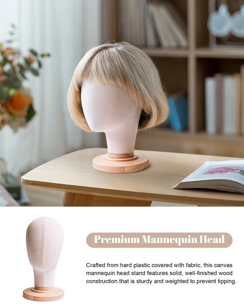 CHADWICK Wig Head Stand 21 Inch Mannequin Head Hat Display Stand Linen Wig Holder, Wig Display Model Fabric Head Wig Stand for Wigs, Hats, Caps, Headdress, Canvas Dome + Detachable Wood Stand