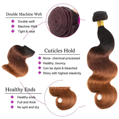 Ratheinhi T1B/4/30 Brown Bundles Human Hair 14 16 18 Inch Ombre Bundle Body Wave Human Hair Bundles Brown 3 Tone 3 Bundle Unprocessed Brazilian Virgin Quick Weave Hair for Black Women