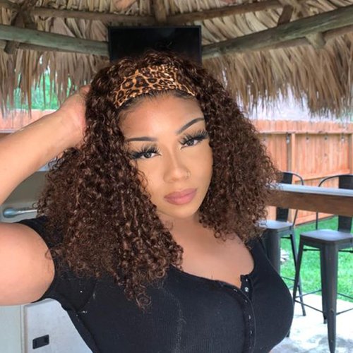 Punmasa Headband Wig Human Hair Deep Wave Chocolate Brown Headband Wigs for black women Glueless Wigs Human Hair Machine Made 150% Density headband wig human hair with Headbands (12Inch)