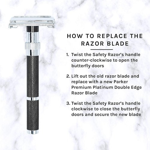 Parker, 96R Graphite Gray Long Handle Butterfly Open Double Edge Safety Razor for Men, 5 Parker Premium Platinum Double Edge Razor Blades Included