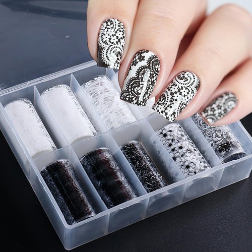 JERCLITY 10 Rolls Lace Flower Nail Foil Transfer Sticker Black White Flower Pattern Nail Foil Sheets Lace Flowers Transfer Stickers