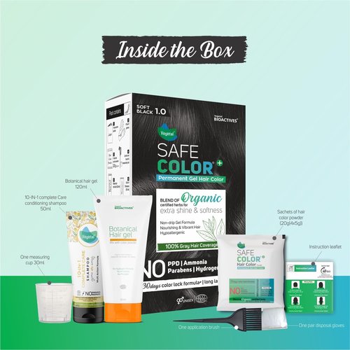 Vegetal Safe Color+ Organic Permanent Gel Hair Color, Soft Black 1.0, No Ammonia, Made with Natural Herbs, 100% Gray Coverage, 30-Day Color Lock 190 ml