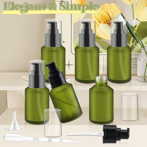 6 Pcs Frosted Green Glass Pump Bottle Empty Lotion Foundation Container Cosmetic Dispenser with Press Pump for Essence Lotion - 30ml/1oz