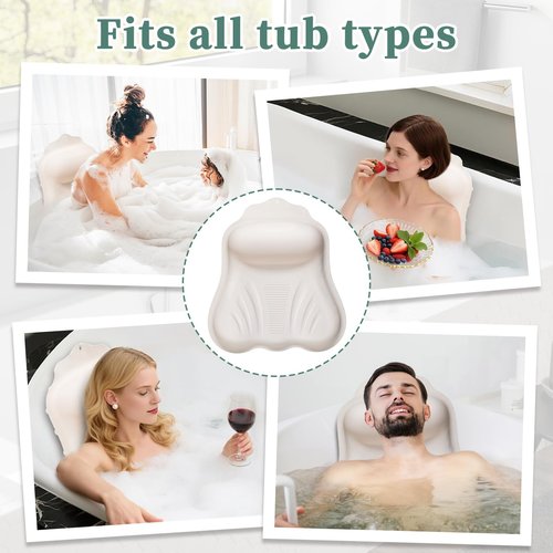 Silicone Bath Pillow for Tub Adults, 4D Air-Cushion Bathtub Pillow for Head Neck and Back Support, Non-Slip Suction Cups, Quick-Drying Waterproof Spa Pillow, Easy to Clean & Store，White