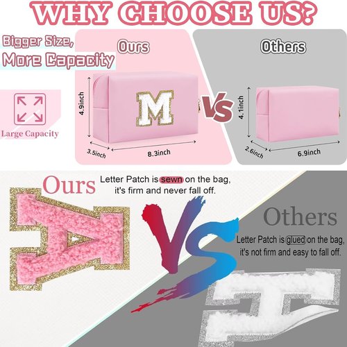 ONEDIGI Preppy Makeup Bag, Personalized Initial Letter Patch Makeup Bag, Large Capacity Cosmetic Bags for Women, Cute PU Leather Waterproof Travel Toiletry Bag for Teen Girls (Letter M,Pink)