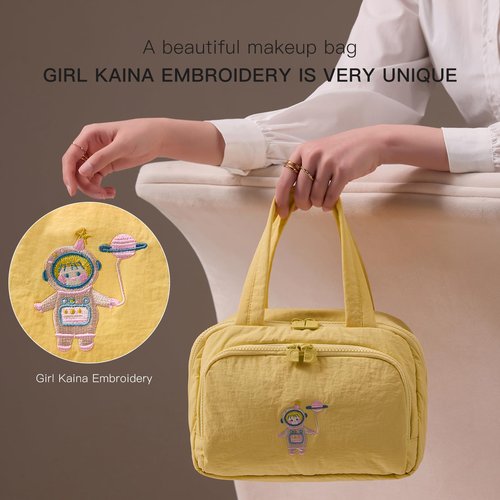 Dr.Cheese Makeup bag, Large Capacity Cosmetic Bag for Women, Portable Wide-open Toiletry Bag, Travel Makeup Bag with TPU Compartments for Accessories, Essentials, Toiletries, Makeup Brush Bag, Yellow