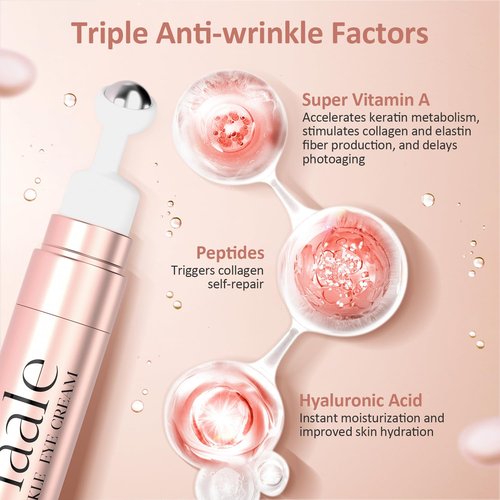 Eye Cream Anti Aging Under Eyes Cream Dark Circles with Super Vitamin A, Peptides & Hyaluronic Acid, Eye Serum With 360° Roller Massage Ball for Puffiness and Bags 0.5 oz