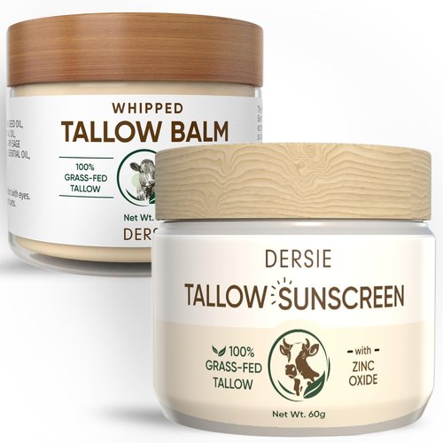 Tallow Sunscreen & Tallow Balm Set: 100% Grass-Fed Beef Tallow Sunscreen Balm with Zinc Oxide + Whipped Tallow Moisturizer – Daily Sun Protection & Deep Hydration for Sensitive Skin, Face & Body