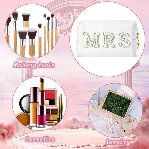 Bride Makeup Bag, Bride Patch MRS Cosmetic Bag, Pearl Rhinestone Letter Toiletry Bag, Wedding Bag, Portable PU Leather Waterproof Zipper Pouch, Bride Gift, Bridal Shower Gift, Engagement Gift