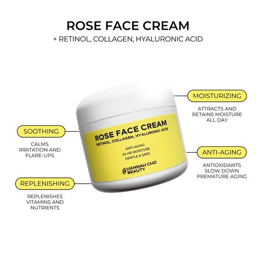 Rose Face Cream with Rosehip Seed Oil, Retinol, Collagen, Hyaluronic Acid - Anti-Aging 24 Hour Moisturizer for Dry & Sensitive Skin - Gentle Daily Skincare