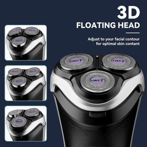 MAX-T Men's Electric Shaver - Corded and Cordless Rechargeable 3D Rotary Shaver Razor for Men with Pop-up Sideburn Trimmer Wet and Dry Painless 100-240V Black (Metal Black)
